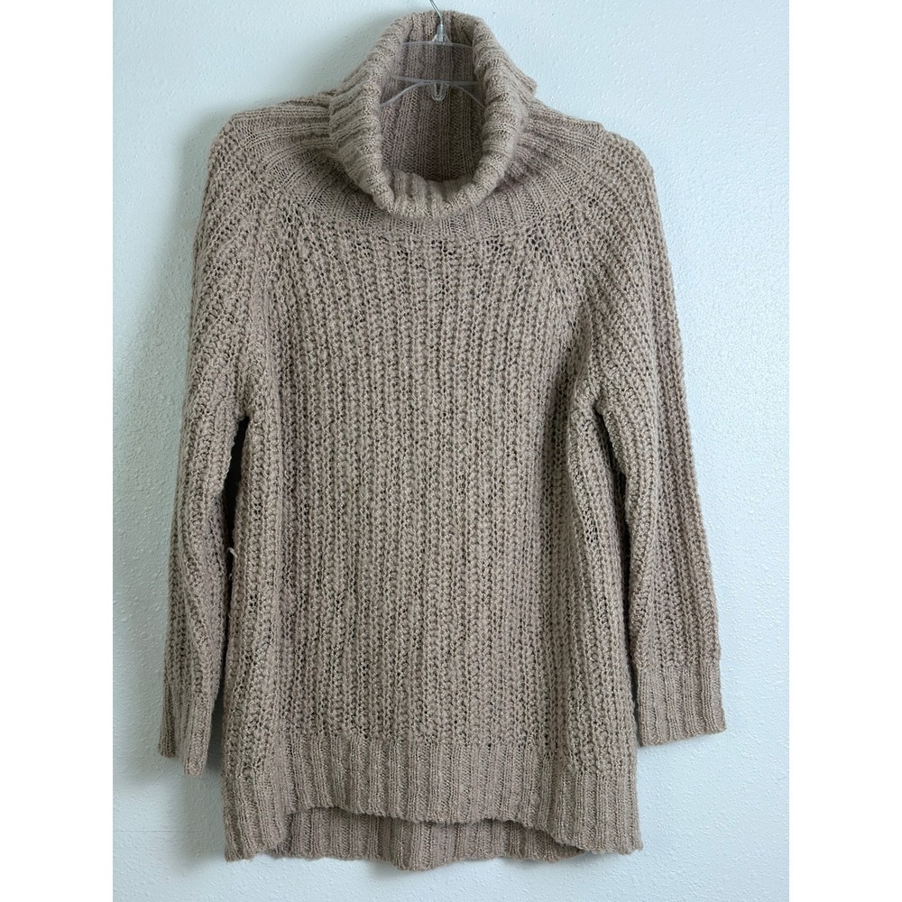 Chunky Tan Open Knit Turtleneck Sweater POL Slouchy Raglan S Boho